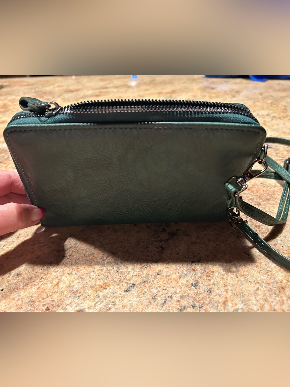Forest Green Leather Crossbody Phone Wallet Multi Compartment 7.50”x5” ; 16”drop